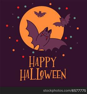 Happy Halloween. Vector illustration. The invitation to the party. Bats fly in the night sky against the yellow moon.