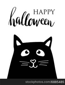 Happy Halloween vector lettering card. Happy Halloween vector lettering. Holiday calligraphy card with black cat for banner, poster, greeting card, party invitation.
