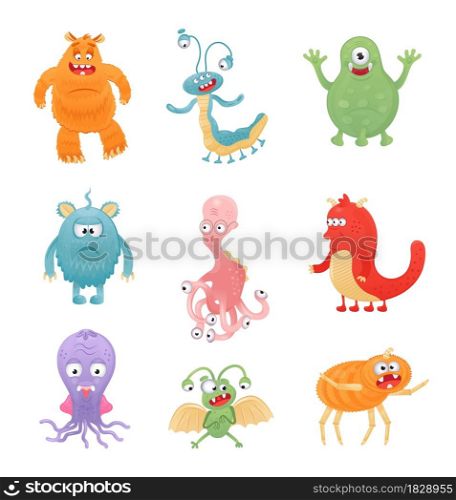 Happy Halloween vector set. Colorful monster, yeti character and face in cartoon style. Funny, crazy eyes, tongue, tooth. Kawaii scary goblin kid.. Happy Halloween vector. Colorful monster, yeti character and face in cartoon style.