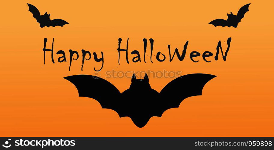 Happy Halloween Vector Text Banner design with orange background and Pumpkin, Bat