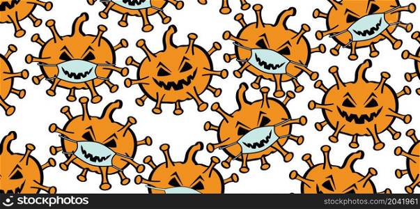 Happy halloween with facial mask as a jack o lantern party, october fest. Cartoon drawing pumpkins. Scary Halloween and coronavirus Covid-19 icon. Angry pumpkin pictogram. Flat vector banner.