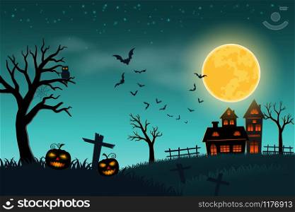 Happy Halloween with full moon on green background,pumpkins on scary old graveyard,vector illustration
