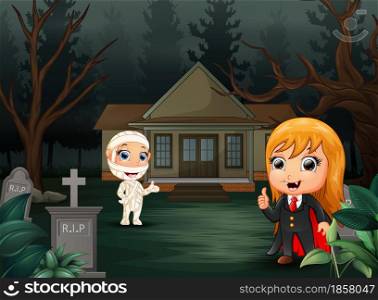 Happy halloween with vampire and mummy cartoon