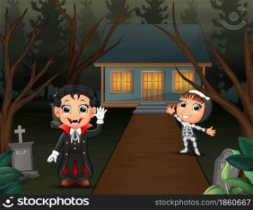 Happy halloween with vampire and skeleton in the home page