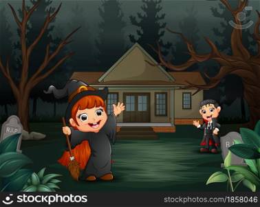 Happy halloween with vampire and witch cartoon