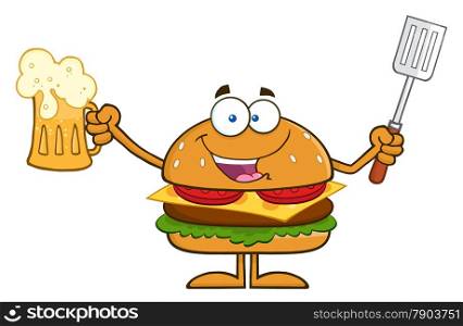 Happy Hamburger Cartoon Character Holding A Beer And Bbq Slotted Spatula