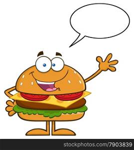 Happy Hamburger Cartoon Character Waving With Speech Bubble