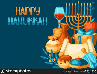 Happy Hanukkah background with religious symbols. Illustration with holiday objects. Celebration traditional items.. Happy Hanukkah background with religious symbols. Illustration with holiday objects.