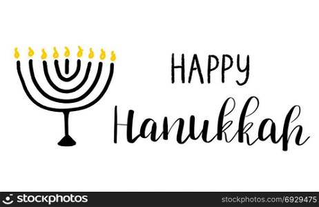 Happy Hanukkah card with lettering text and menorah with 9 candles on white background.. Happy Hanukkah card with lettering text and menorah with 9 candles on white background