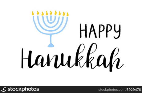Happy Hanukkah card with lettering text and menorah with 9 candles on white background.. Happy Hanukkah card with lettering text and menorah with 9 candles on white background