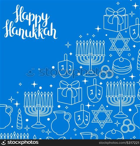 Happy Hanukkah celebration card with holiday objects. Happy Hanukkah celebration card with holiday objects.