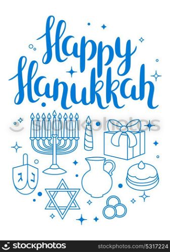 Happy Hanukkah celebration card with holiday objects. Happy Hanukkah celebration card with holiday objects.