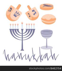 Happy Hanukkah elements set with menora, dreidel, chocolate coins and jelly donuts. Hand drawn flat vector illustration.. Happy Hanukkah greeting card template with menora