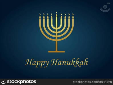 Happy hanukkah. Gold menorah of hanuka on blue background. Jewish chanukah with menora, candles and oil. Card for judaism festival or party. Banner of hannukah. Hebrew illustration with text. Vector.. Happy hanukkah. Gold menorah of hanuka on blue background. Jewish chanukah with menora, candles and oil. Card for judaism festival or party. Banner of hannukah. Hebrew illustration with text. Vector