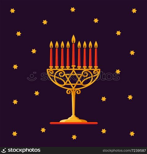 Happy Hanukkah. Gold menorah with red candles and stars on dark background for your greeting card design. Vector illustration. Happy Hanukkah. Gold menorah with red candles and stars on dark background for your greeting card design.