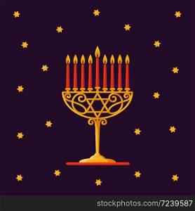 Happy Hanukkah. Gold menorah with red candles and stars on dark background for your greeting card design. Vector illustration. Happy Hanukkah. Gold menorah with red candles and stars on dark background for your greeting card design.