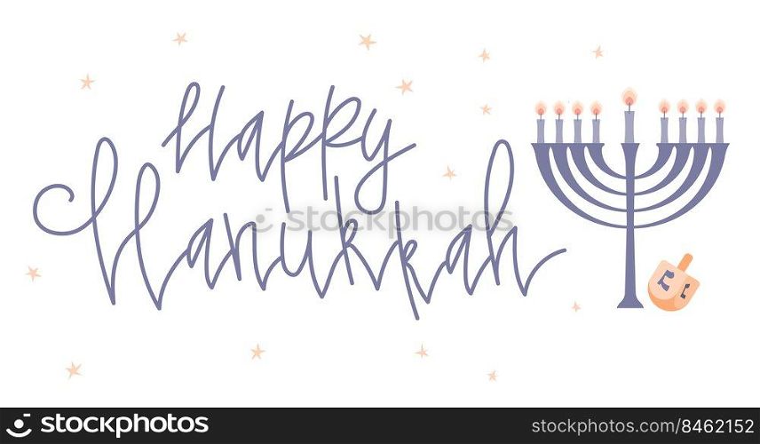 Happy Hanukkah greeting card template with handwritten lettering, menorah and dreidel. Hand drawn flat vector illustration.. Happy Hanukkah greeting card template with menora