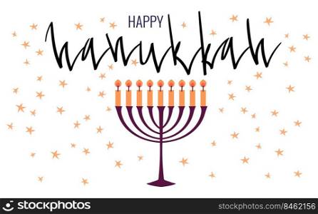 Happy Hanukkah greeting card template with menora and candles. Hand drawn flat vector illustration. Handwritten brush lettering.. Happy Hanukkah greeting card template with menora