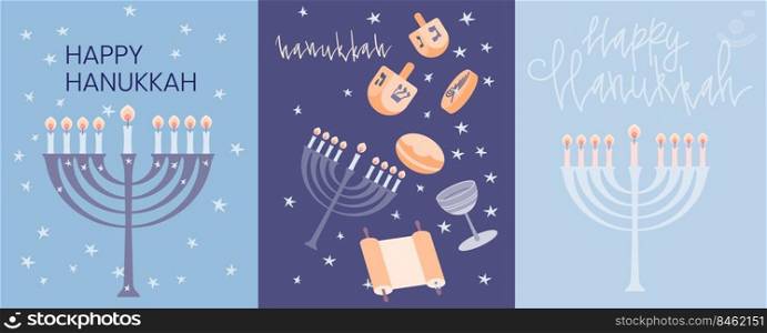 Happy Hanukkah greeting card template with menora, dreidel, chocolate coins and jelly donuts. Hand drawn flat vector illustration. Handwritten lettering.. Happy Hanukkah greeting card template with menora