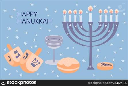 Happy Hanukkah greeting card template with menora, dreidel, chocolate coins and jelly donuts. Hand drawn flat vector illustration.. Happy Hanukkah greeting card template with menora