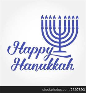 Happy Hanukkah greeting card. Typography design. Candlestick with nine candles. Vector illustration. Card with lettering text and Hanukkah menorah. Concept for shirt or logo, print, st&, patch.. Happy Hanukkah greeting card. Typography design.