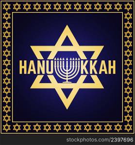 Happy Hanukkah greeting card. Typography design. Candlestick with nine candles. Vector illustration. Card with text and Hanukkah menorah. Concept for shirt or logo, print, stamp, patch.. Happy Hanukkah greeting card. Typography design.