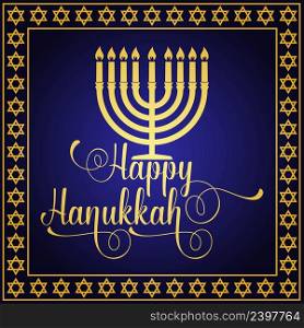 Happy Hanukkah greeting card. Typography design. Candlestick with nine candles. Vector illustration. Card with lettering text and Hanukkah menorah. Concept for shirt or logo, print, stamp, patch.. Happy Hanukkah greeting card. Typography design.
