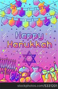 Happy Hanukkah greeting card with holiday objects. Happy Hanukkah greeting card with holiday objects.