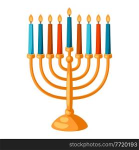 Happy Hanukkah illustration of menorah with candles. Holiday icon in cartoon style. Celebration traditional symbol.. Happy Hanukkah illustration of menorah with candles. Holiday icon in cartoon style.