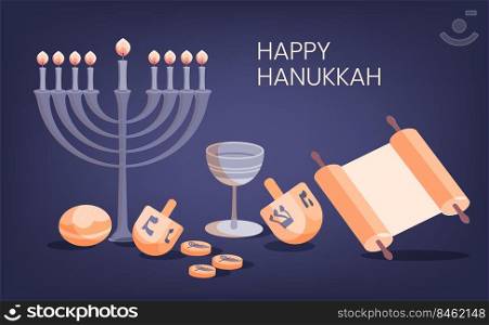 Happy Hanukkah isometric design greeting card template with menora, dreidel, chocolate coins and jelly donuts isolated on white.
