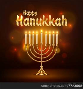Happy Hanukkah vector greeting card with realistic menorah jewish lamp with flaming candles and sparks. Judaism religion Festival of Lights golden candlestick. Hanukkah holiday candelabrum 3d design. Happy Hanukkah vector greeting card with menorah