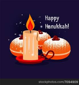 Happy hanukkah vector illustration with candle and jewish baking. Candle and jewish baking hanukkah illustration