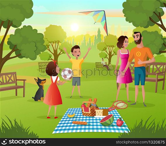 Happy Happy Family Picnic In City Park Cartoon Vector with Smiling Parents Spending Time with Kids, Playing Active Games with Dog, Eating Tasty Snacks from Wicker Basket Illustration. Summer Leisure