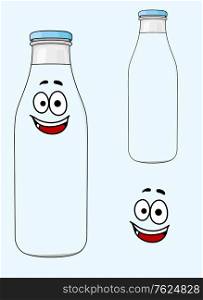 Happy healthy bottle of fresh full cream or low fat milk with a blue bottle top and cheerful smiling face, cartoon illustration
