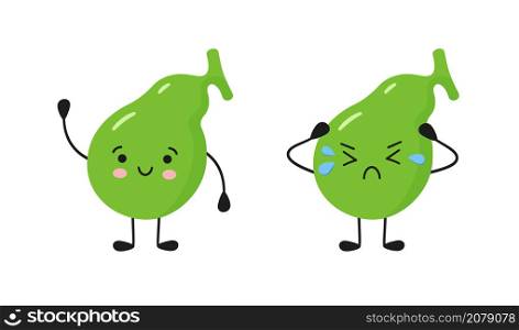 Happy healthy gallbladder and sick sad gallbladder. Kawaii characters to illustrate the problem of cholecystitis, gallstone disease. Isolated vector illustration on white background.. Happy healthy gallbladder and sick sad gallbladder. Kawaii characters to illustrate the problem of cholecystitis, gallstone disease. Isolated vector illustration on white background