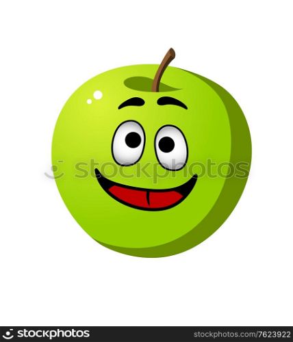 Happy healthy whole fresh crisp green apple fruit with a wide smile and red tongue, cartoon illustration isolated on white