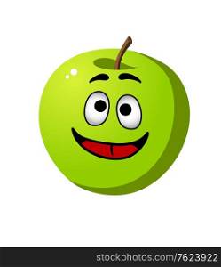 Happy healthy whole fresh crisp green apple fruit with a wide smile and red tongue, cartoon illustration isolated on white
