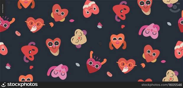 Happy hearts seamless pattern - Valentines day graphics. Modern flat vector concept illustration - a smiling happy valentine hearts, cute character in love concept. Happy hearts seamless pattern - Valentine graphics