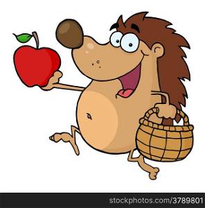 Happy Hedgehog Runs With Apple