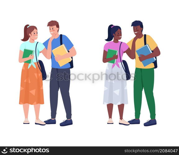 Happy highschool couples semi flat color vector characters set. Full body people on white. Relationship goal isolated modern cartoon style illustrations collection for graphic design and animation. Happy highschool couples semi flat color vector characters set