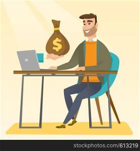 Happy hipster businessman getting bag of money from his laptop. Caucasian businessman earning money from online business. Online business concept. Vector flat design illustration. Square layout.. Businessman earning money from online business.