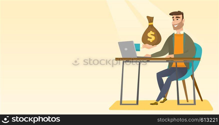 Happy hipster businessman getting bag of money from his laptop. Caucasian businessman earning money from online business. Online business concept. Vector flat design illustration. Horizontal layout.. Businessman earning money from online business.