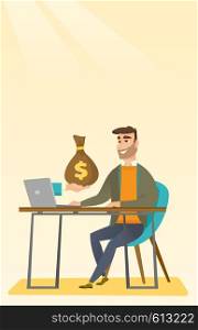 Happy hipster businessman getting bag of money from his laptop. Caucasian businessman earning money from online business. Online business concept. Vector flat design illustration. Vertical layout.. Businessman earning money from online business.