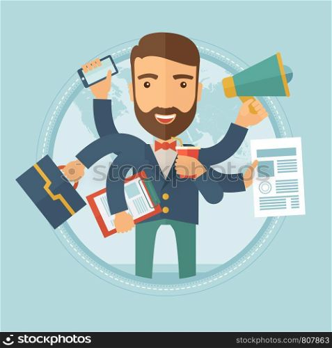 Happy hipster caucasian businessman with many hands holding papers, briefcase, mobile phone. Multitasking and productivity concept. Vector flat design illustration in the circle isolated on background. Man coping with multitasking vector illustration.