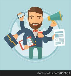 Happy hipster caucasian businessman with many hands holding papers, briefcase, mobile phone. Multitasking and productivity concept. Vector flat design illustration in the circle isolated on background. Man coping with multitasking vector illustration.