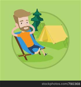 Happy hipster man with beard sitting in folding chair in the camp. Young caucasian man relaxing and enjoying his camping holiday. Vector flat design illustration in the circle isolated on background.. Man sitting in folding chair in the camp.