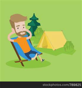 Happy hipster man with the beard sitting in a folding chair in the camp. Young caucasian man relaxing and enjoying his camping holiday near the tent. Vector flat design illustration. Square layout.. Man sitting in folding chair in the camp.