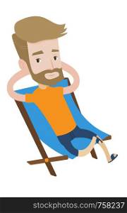 Happy hipster tourist with the beard sitting in a folding chair. Young caucasian tourist relaxing in a folding chair. Tourist enjoying his holiday. Vector flat design illustration. Square layout.. Young tourist sitting in folding chair.