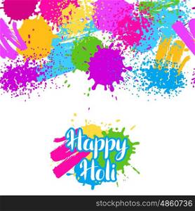 Happy Holi colorful seamless pattern. Grunge background with paint splashes, blotches, spots and drops.