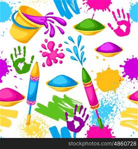Happy Holi colorful seamless pattern. Illustration of buckets with paint, water guns, flags, blots and stains.